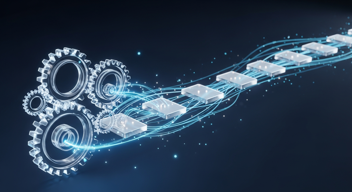 Automation pipeline of glowing gears and connected workflow tiles