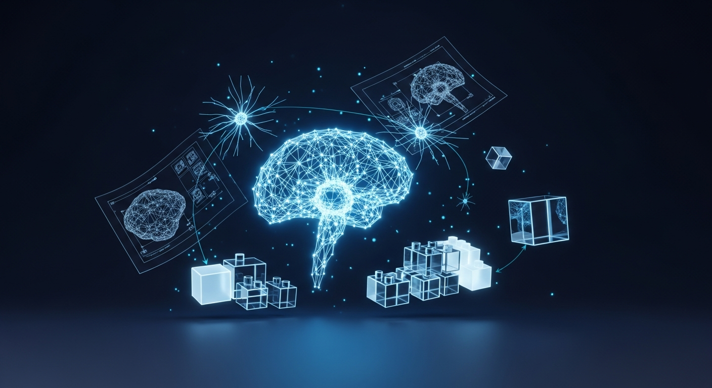 Glowing neural network and blueprint wireframes of a custom AI build
