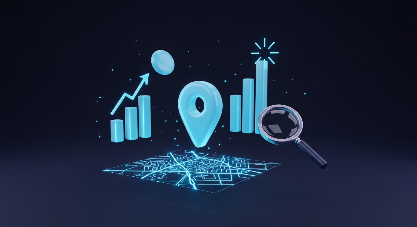 Glowing map location pin rising above a city map with rising rank bars