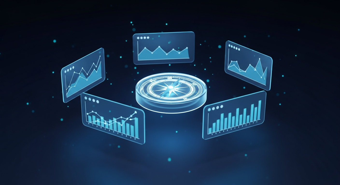 Glowing compass surrounded by holographic dashboard charts